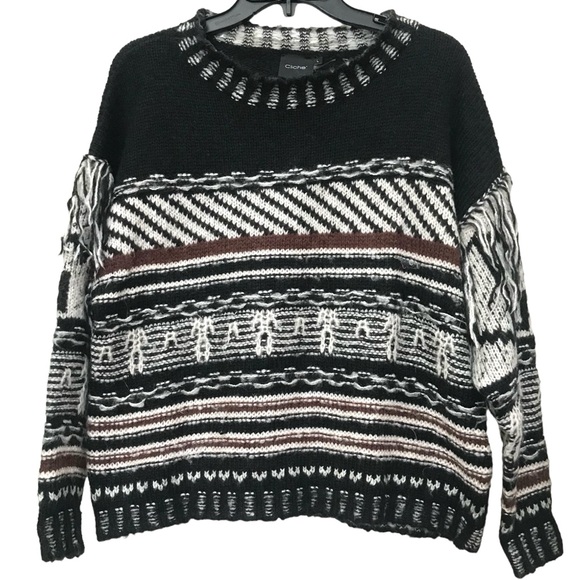 Cliche Woven Fringe black brown Earth tones Knit Sweater top size L - Picture 2 of 6